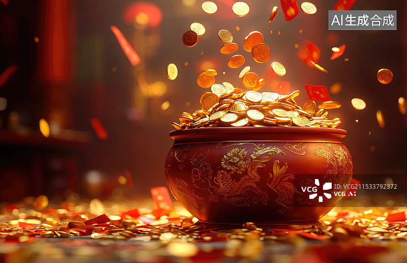 【AI数字艺术】喜庆的新年聚宝盆图片素材