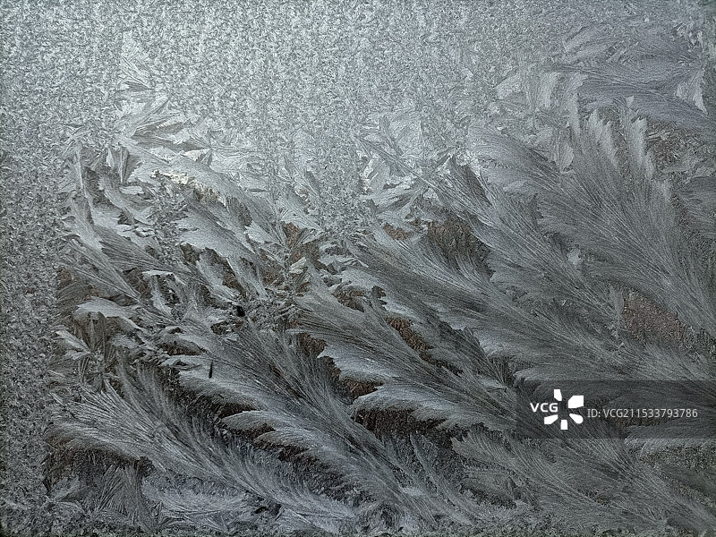 冬天玻璃上的水雾冻结形成的冰晶、冰霜、冰花图片素材