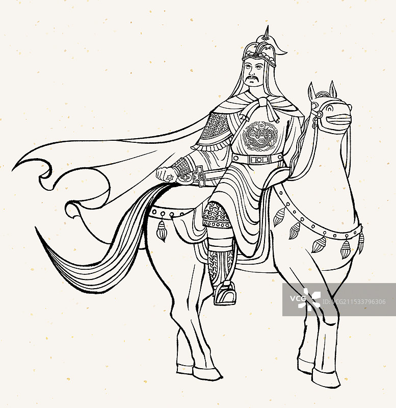 中国国画黑白线条素描线稿古风角色传统历史事件英雄人物形象——郑成功收复台湾图片素材