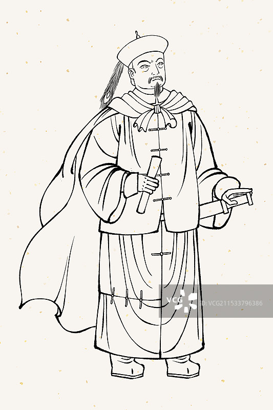 中国国画黑白线条素描线稿古风角色传统历史事件英雄人物形象——左宗棠图片素材