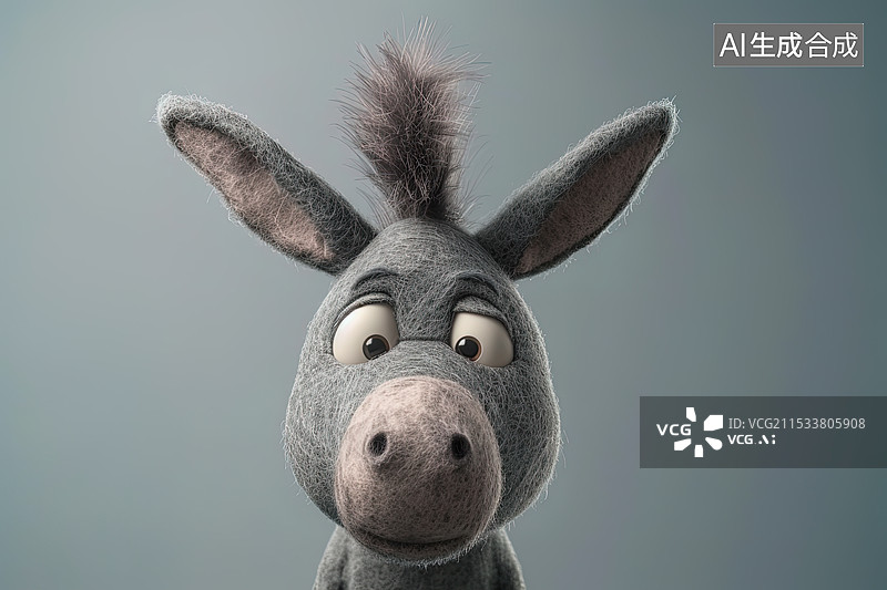 【AI数字艺术】毛毡材质的灰色毛驴头像特写图片素材