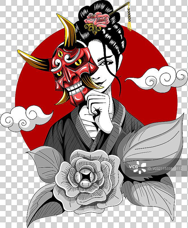 艺伎手持鬼面具图片素材