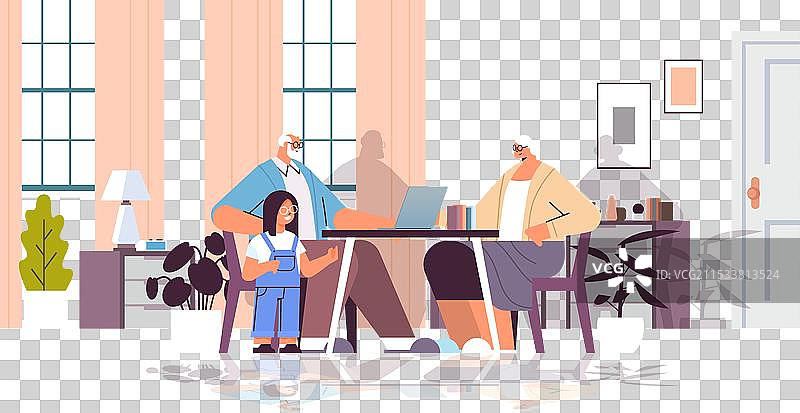 祖父母与孙女一起使用笔记本电脑图片素材