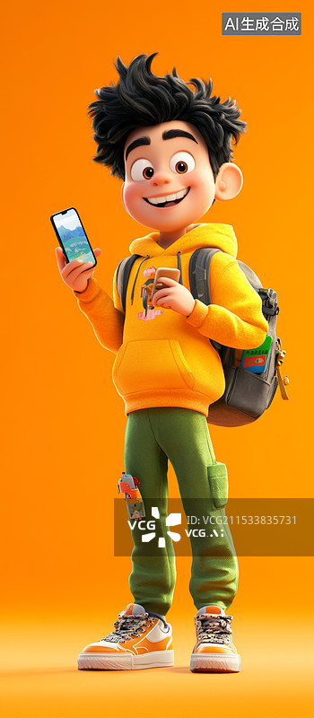 【AI数字艺术】一位卡通风格的年轻男孩，他穿着黄色的连帽衫和绿色的裤子，背着一个背包，手里拿着一部手机图片素材