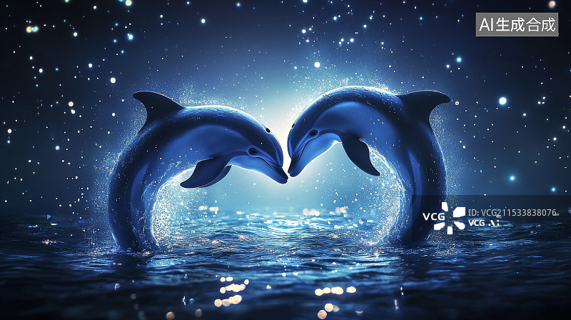 【AI数字艺术】夜晚海豚双跃浪漫星空场景图片素材