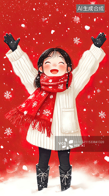 【AI数字艺术】冬天开心的女孩插画图片素材