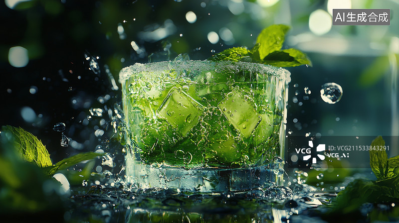 【AI数字艺术】绿色柠檬鸡尾酒的动态瞬间图片素材