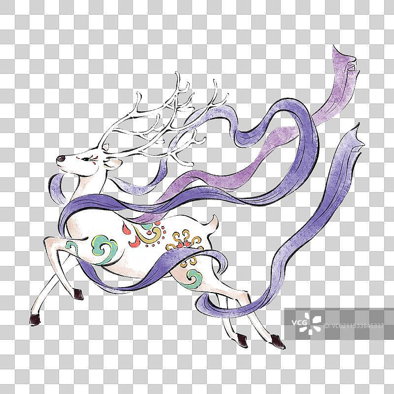 手绘中国风国潮风敦煌飞天九色鹿元素。图片素材