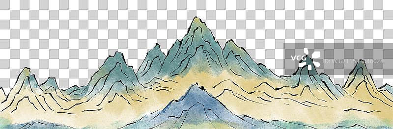手绘中国风水彩水墨高山祥云元素。图片素材