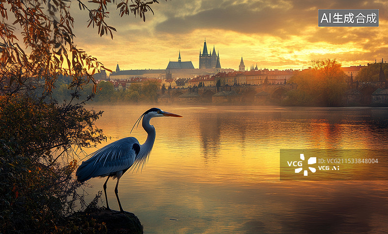 【AI数字艺术】一只苍鹭站在水边，背景是朦胧的晨曦和一座历史悠久的桥梁。苍鹭的姿态优雅，显得非常专注图片素材