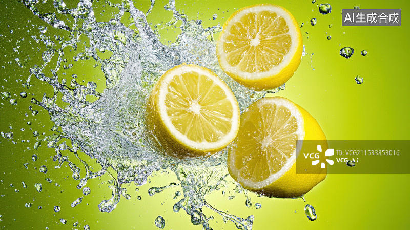 【AI数字艺术】柠檬酸橙切片和水碰撞 水花飞溅图片素材