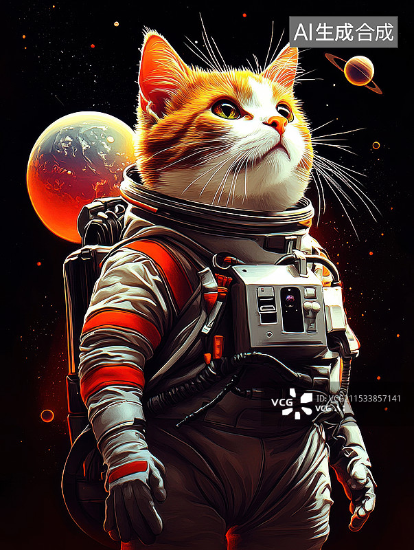【AI数字艺术】太空背景下穿宇航服的猫图片素材