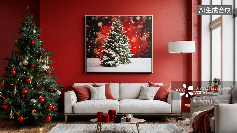 【AI数字艺术】节日装饰的温馨客厅图片素材