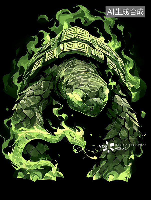 【AI数字艺术】高美感特效插画玄武，龟甲蛇身布灵纹，玄光环绕，古韵威严，似奇幻守护者，契合动漫游戏风格。图片素材