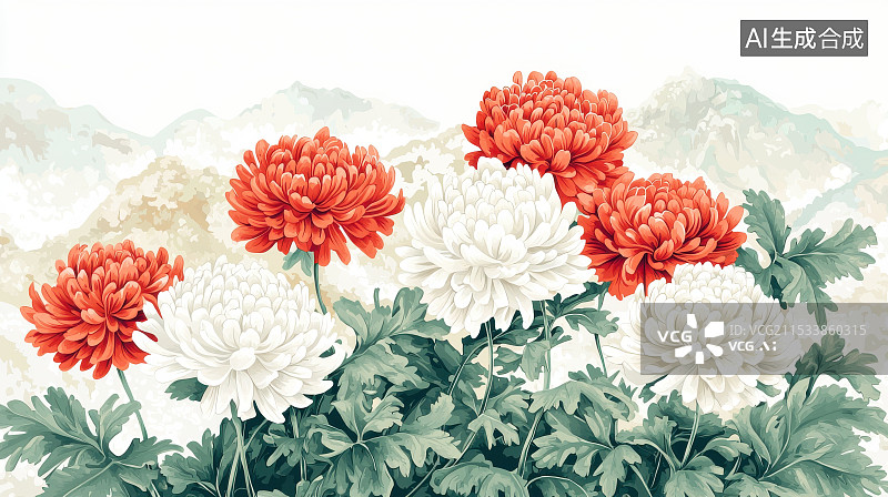 【AI数字艺术】中国传统水墨风格的菊花绘画图片素材