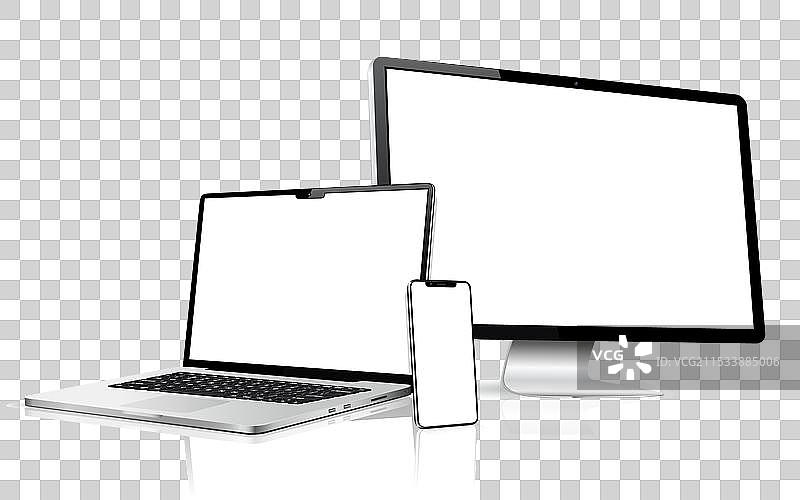 逼真的电脑屏幕，旁边有笔记本电脑和手机图片素材