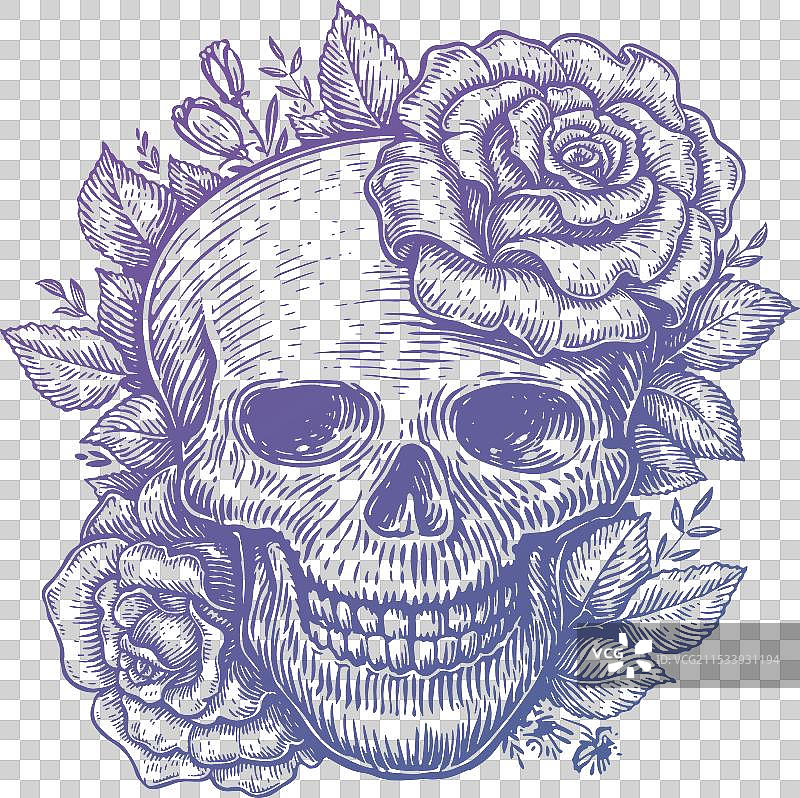 花朵和叶子中的人类骷髅头图片素材