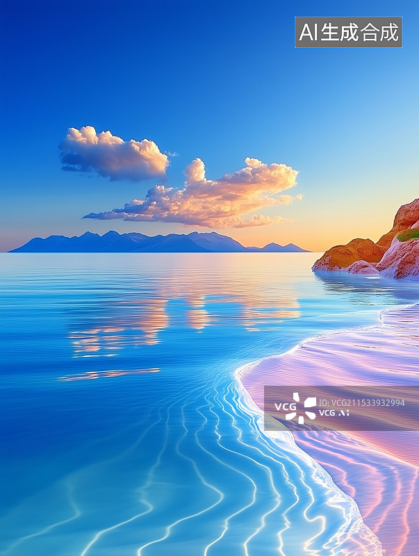 【AI数字艺术】宁静海滩的日落余晖图片素材