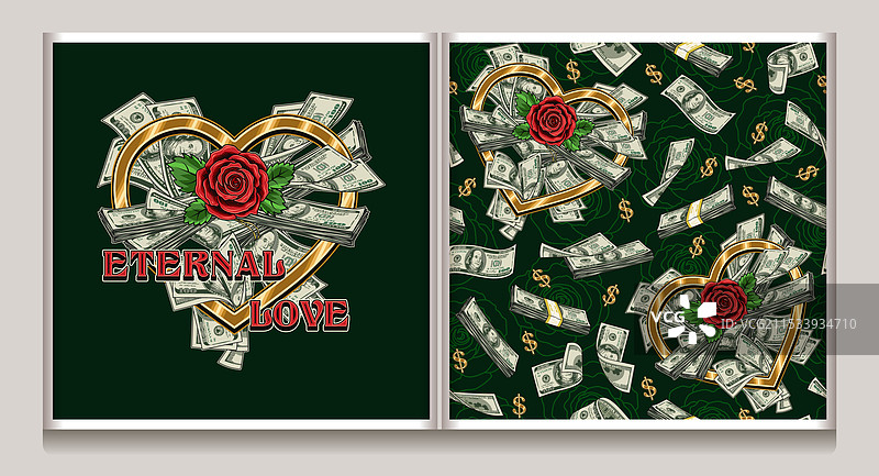 带有玫瑰图案的金色心形钱币标签图片素材