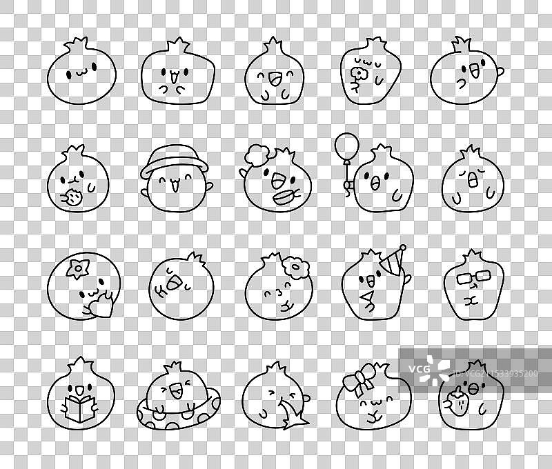 可爱的多汁石榴涂色页，搞笑风格图片素材