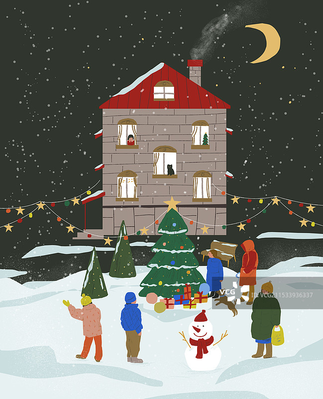 冬季雪中室外圣诞树边欢聚的人们插画图片素材