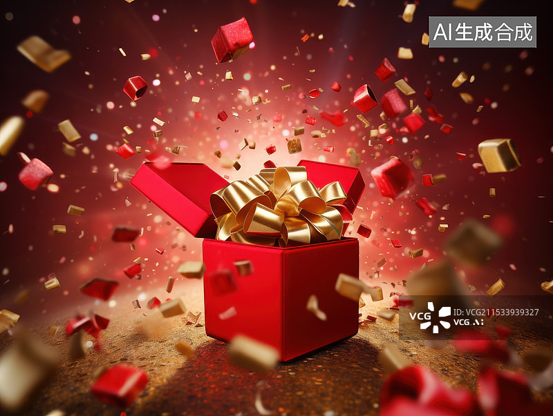 【AI数字艺术】红金色惊喜礼盒与缤纷彩带的华丽绽放图片素材