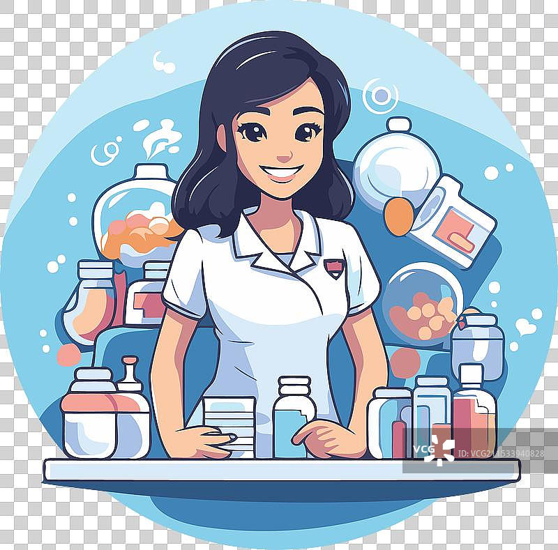 一位穿着制服的年轻女性药剂师站在这里图片素材