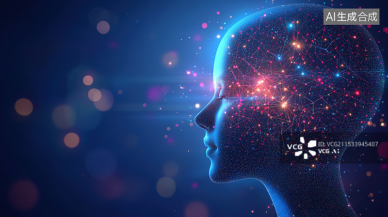 【AI数字艺术】暗色背景下的人脑神经元和人工智能主题科技风插画图片素材
