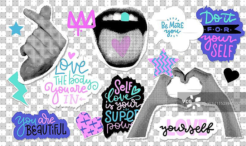 Y2K霓虹拼贴贴纸套装，手部展示图片素材