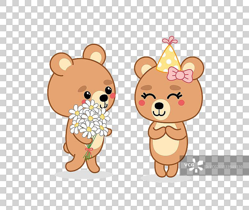 熊男孩正在把一束花送给女孩图片素材