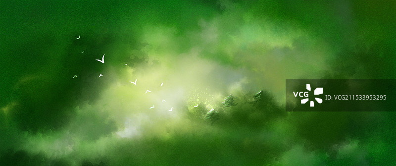 绿色水墨梦幻林中晨曦云雾插画图片素材