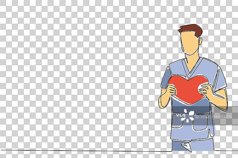 单线条画的男护士手握心形图案图片素材