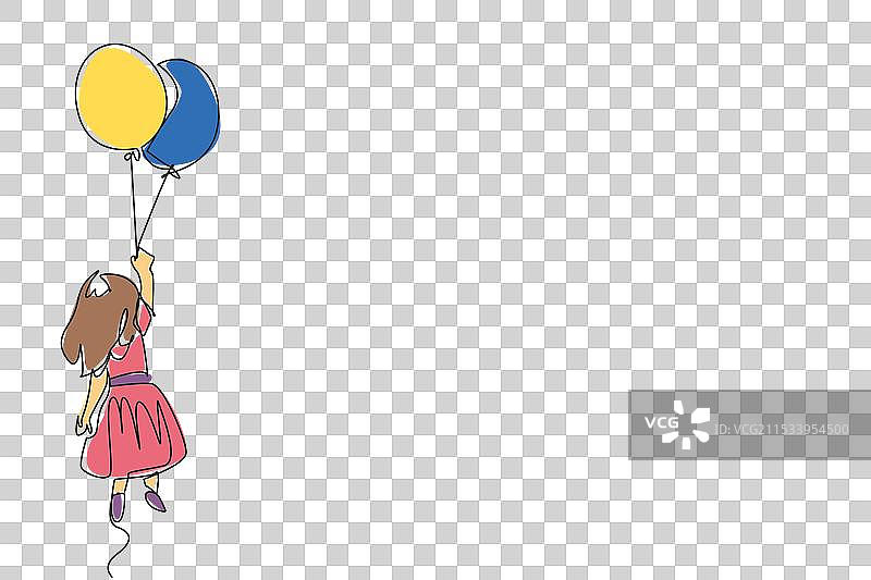 女孩手持蓝色和其他物品的单线画图片素材