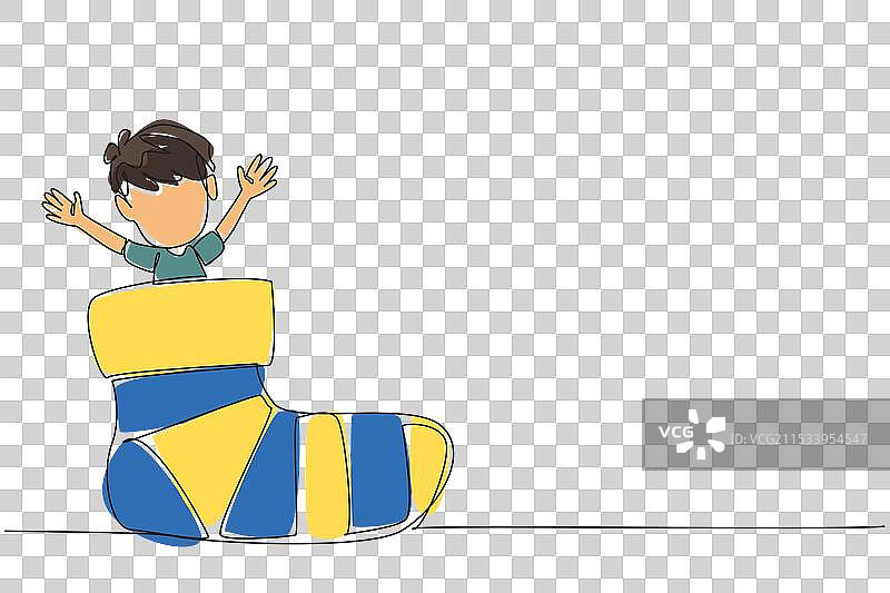 一个男孩从大袜子里玩耍的单线画图片素材