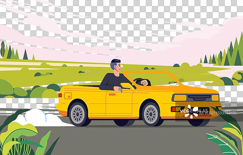 男子驾驶敞篷车在风景优美的道路上行驶图片素材