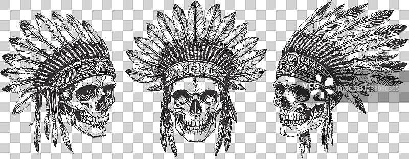 印度首领骷髅素描，死去的印第安战士图片素材