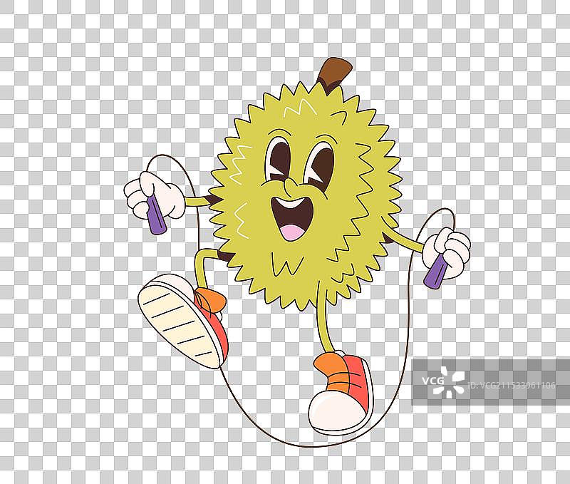 复古卡通风格的酷榴莲角色在跳绳图片素材