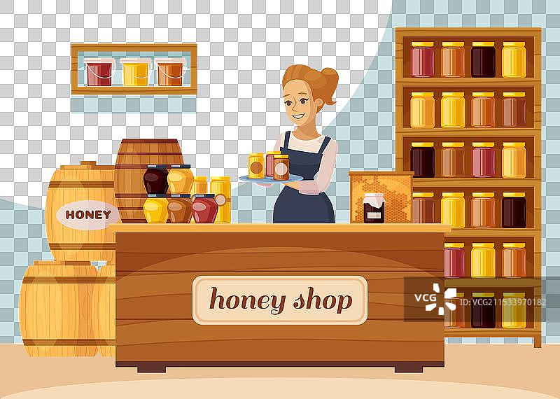 蜜蜂养殖场的养蜂人和蜂蜜商店卡通图案图片素材