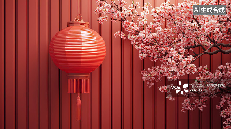 【AI数字艺术】中式红灯笼与樱花枝装饰背景图片素材