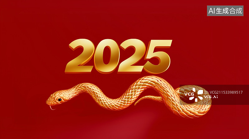 【AI数字艺术】3D渲染的金蛇与数字2025新年元旦字体设计背景壁纸图片素材