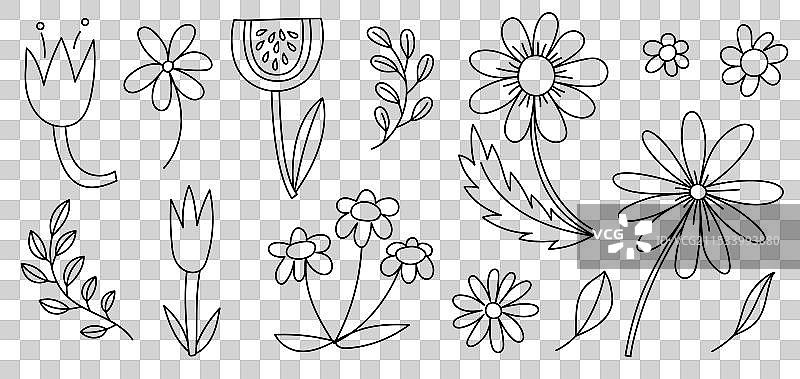 花朵和叶子涂鸦素描花卉套装图片素材