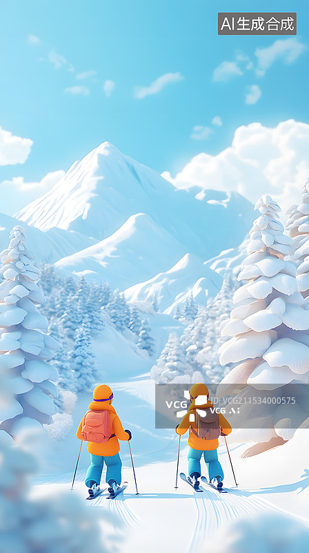 【AI数字艺术】AIGC：一对情侣在雪山上滑雪，户外雪景 冬季运动图片素材
