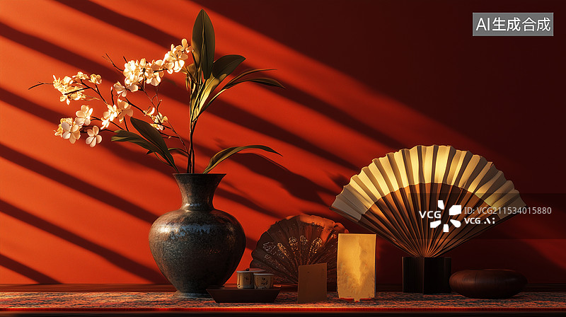 【AI数字艺术】日本新年庆祝场景，包含樱花花瓶、传统门松装饰、镜饼、红包信封，背景为鲜艳的红色并留有大面积白色空间。图片素材