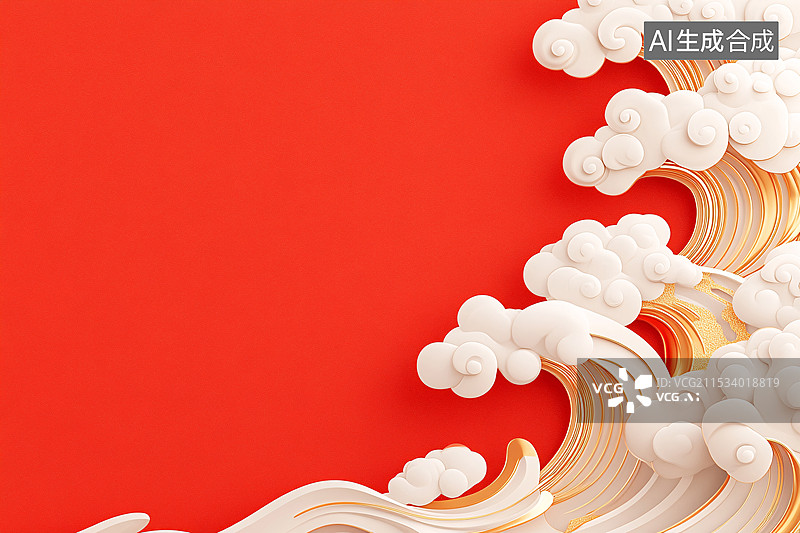 【AI数字艺术】中国风建筑和浪花场景插图图片素材