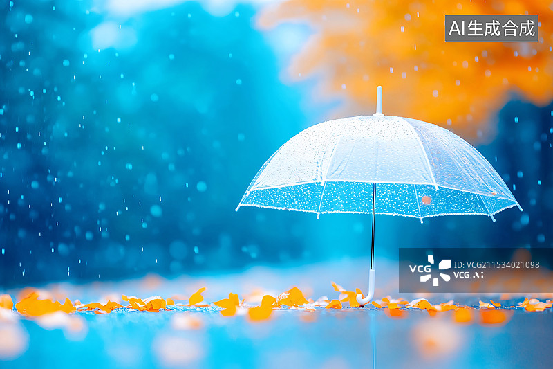 【AI数字艺术】秋天雨中街道上的白色雨伞图片素材