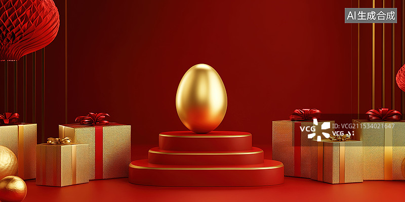 【AI数字艺术】阶梯形红色金色展台放着一个发光的金蛋和奢华礼品盒喜庆的中国风红色背景购物节和促销活动幸运抽奖年货节图片素材