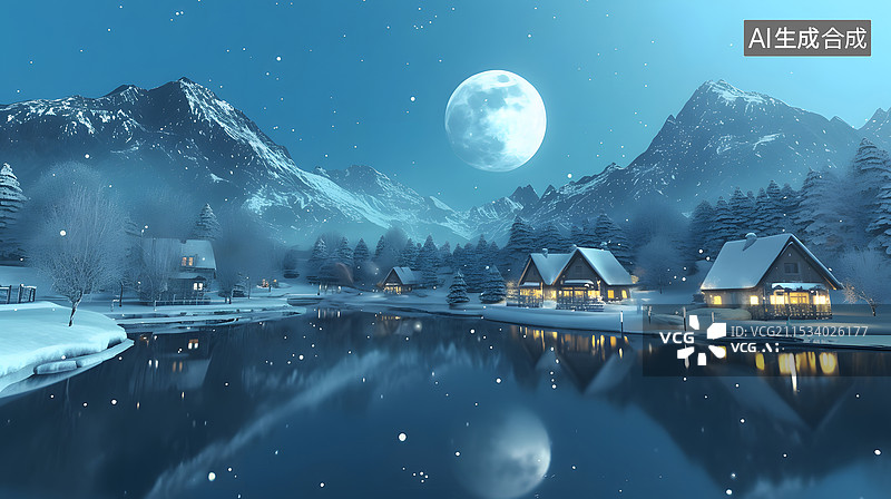 【AI数字艺术】冬夜冰雪村庄图片素材