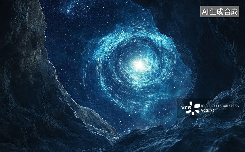 【AI数字艺术】一个充满神秘感的洞穴景象，洞穴内部被星光和银河照亮，给人一种通往宇宙深处的感觉。洞穴的岩石表面粗糙不图片素材