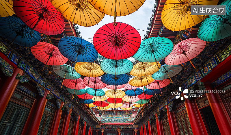 【AI数字艺术】一幅充满色彩的场景，天花板上悬挂着多把色彩斑斓的传统伞具。这些伞具色彩鲜艳，包括红色、黄色、蓝色和橙图片素材