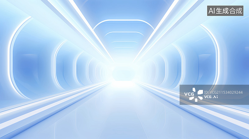 【AI数字艺术】蓝色光轨隧道建筑空间商务科技背景图片素材